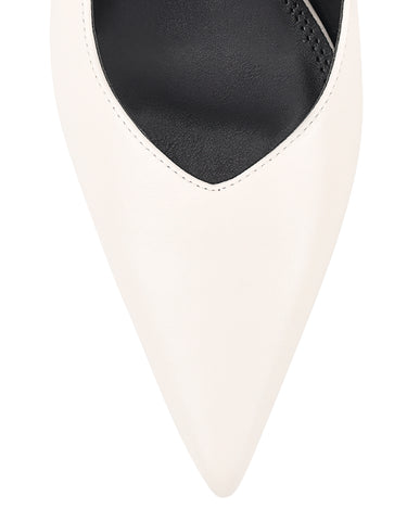 Women's white leather slingback kitten heel pump with elasticated fastening and pointed toe