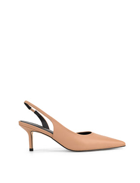 Women's almond tan leather dorsay heel with elasticated slingback and pointed toe