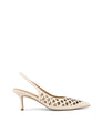 Women's cream white slingback kitten heel laser cut upper, pointed toe, elastic slingback