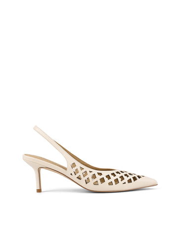 Women's cream white slingback kitten heel laser cut upper, pointed toe, elastic slingback