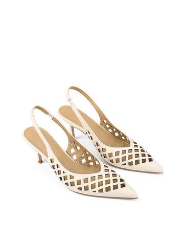 Women's cream white slingback kitten heel laser cut upper, pointed toe, elastic slingback