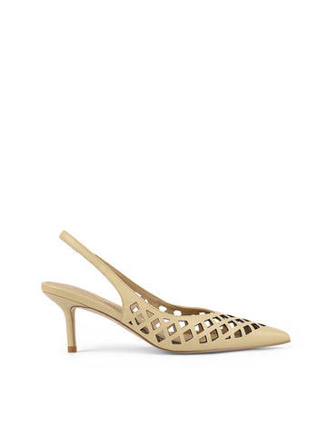 Women's custard butter yellow slingback kitten heel laser cut upper, pointed toe, elastic slingback