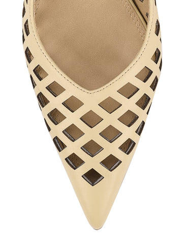 Women's custard butter yellow slingback kitten heel laser cut upper, pointed toe, elastic slingback