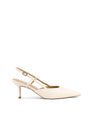Women's cream white leather slingback stiletto heel with buckle fastening and pointed toe