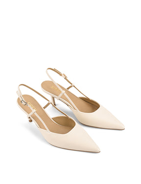 Women's cream white leather slingback stiletto heel with buckle fastening and pointed toe