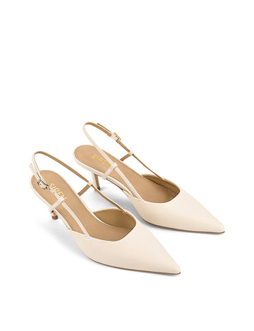 Women's cream white leather slingback stiletto heel with buckle fastening and pointed toe