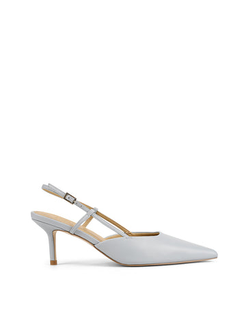 Women's soft blue leather slingback stiletto heel with buckle fastening and pointed toe