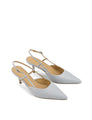 Women's soft blue leather slingback stiletto heel with buckle fastening and pointed toe