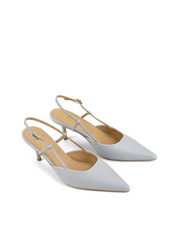 Women's soft blue leather slingback stiletto heel with buckle fastening and pointed toe