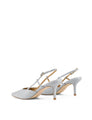 Women's soft blue leather slingback stiletto heel with buckle fastening and pointed toe