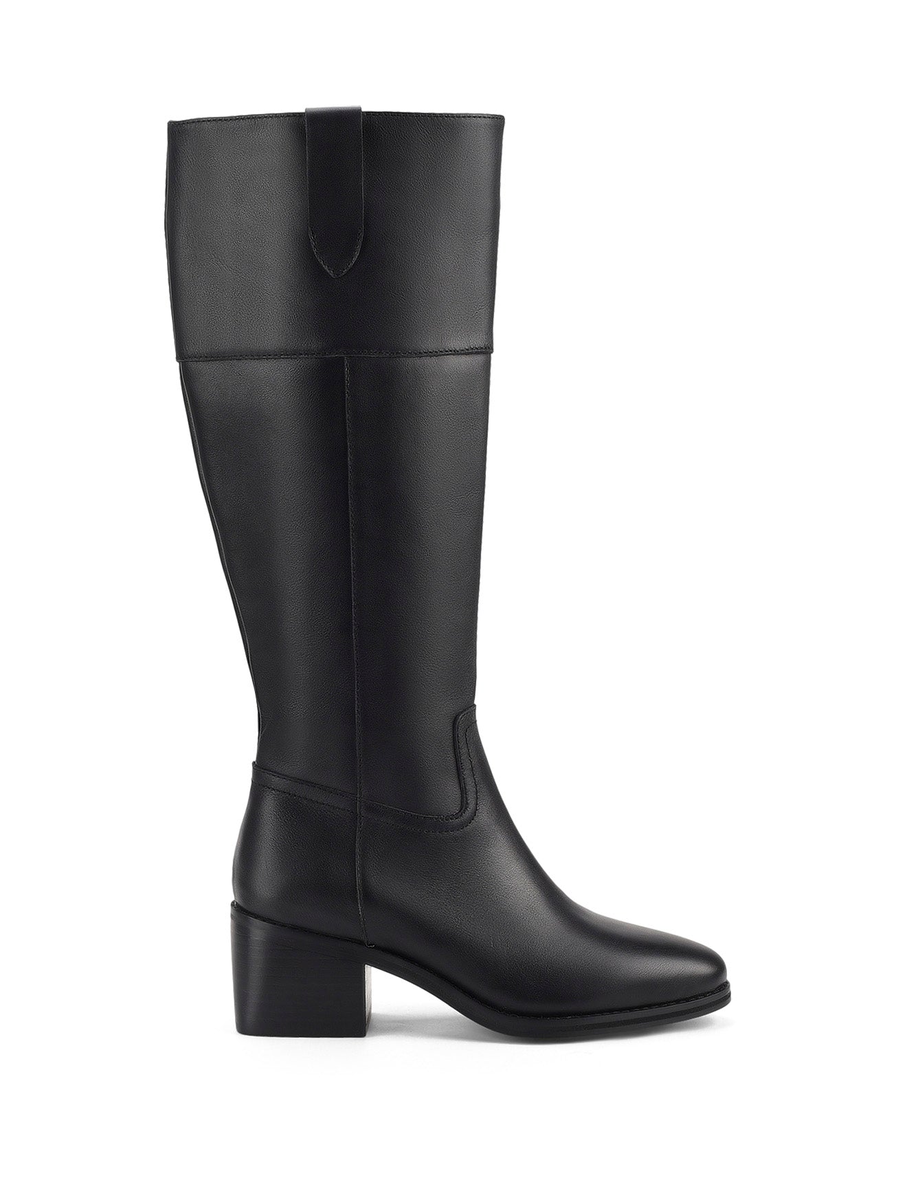 Women's black leather riding boot with block heel and round toe
