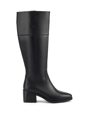 Women's black leather riding boot with block heel and round toe