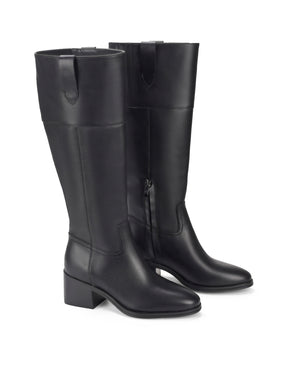 Women's black leather riding boot with block heel and round toe