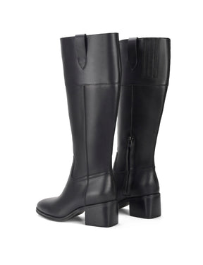 Women's black leather riding boot with block heel and round toe