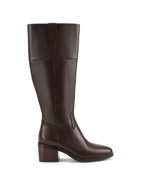 Women's chocolate brown leather knee high riding boot with block heel and round toe