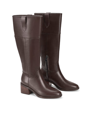 Women's chocolate brown leather knee high riding boot with block heel and round toe