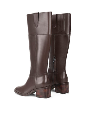 Women's chocolate brown leather knee high riding boot with block heel and round toe