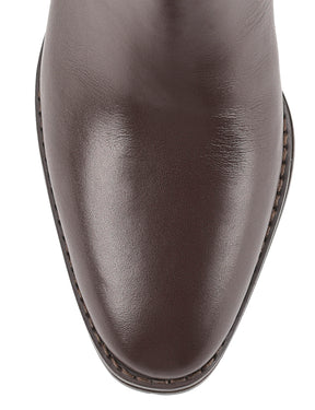 Women's chocolate brown leather knee high riding boot with block heel and round toe