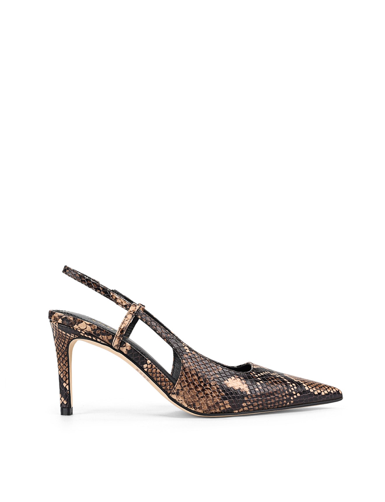 Women's brown snake embossed leather stiletto heel with slingback and pointed toe