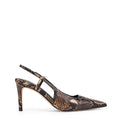 Women's brown snake embossed leather stiletto heel with slingback and pointed toe
