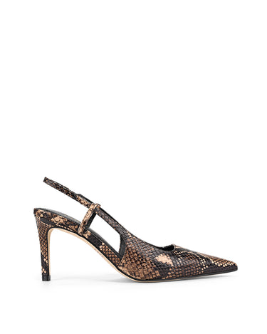 Women's brown snake embossed leather stiletto heel with slingback and pointed toe