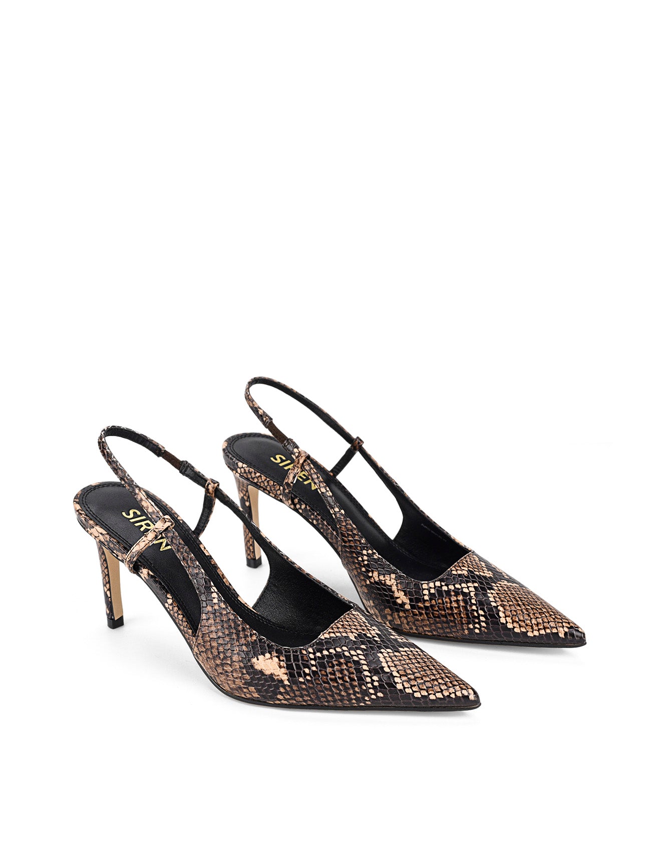Women's brown snake embossed leather stiletto heel with slingback and pointed toe