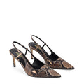 Women's brown snake embossed leather stiletto heel with slingback and pointed toe