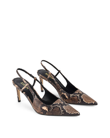 Women's brown snake embossed leather stiletto heel with slingback and pointed toe