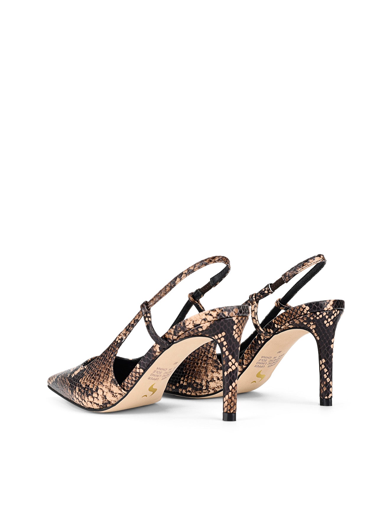 Women's brown snake embossed leather stiletto heel with slingback and pointed toe