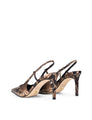 Women's brown snake embossed leather stiletto heel with slingback and pointed toe