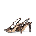 Women's brown snake embossed leather stiletto heel with slingback and pointed toe