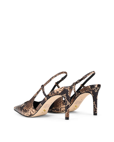 Women's brown snake embossed leather stiletto heel with slingback and pointed toe