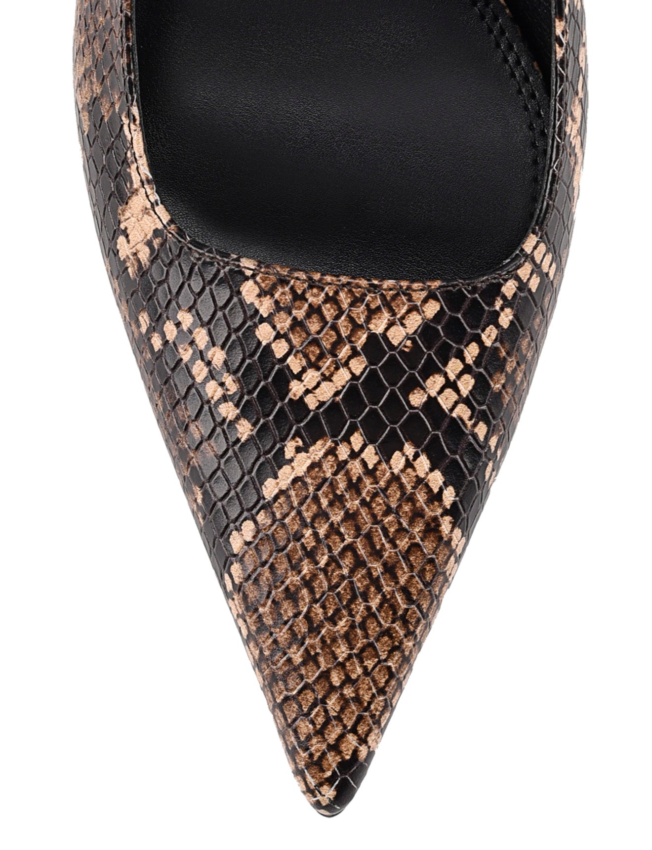 Women's brown snake embossed leather stiletto heel with slingback and pointed toe