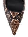 Women's brown snake embossed leather stiletto heel with slingback and pointed toe