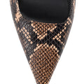 Women's brown snake embossed leather stiletto heel with slingback and pointed toe