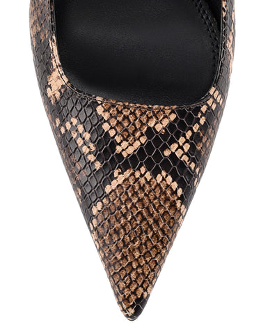 Women's brown snake embossed leather stiletto heel with slingback and pointed toe