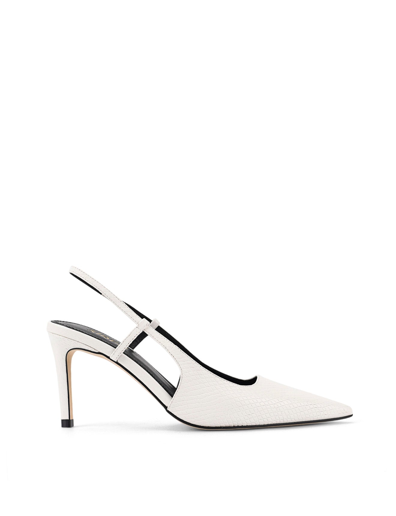 Women's white snake embossed leather stiletto heel with slingback and pointed toe