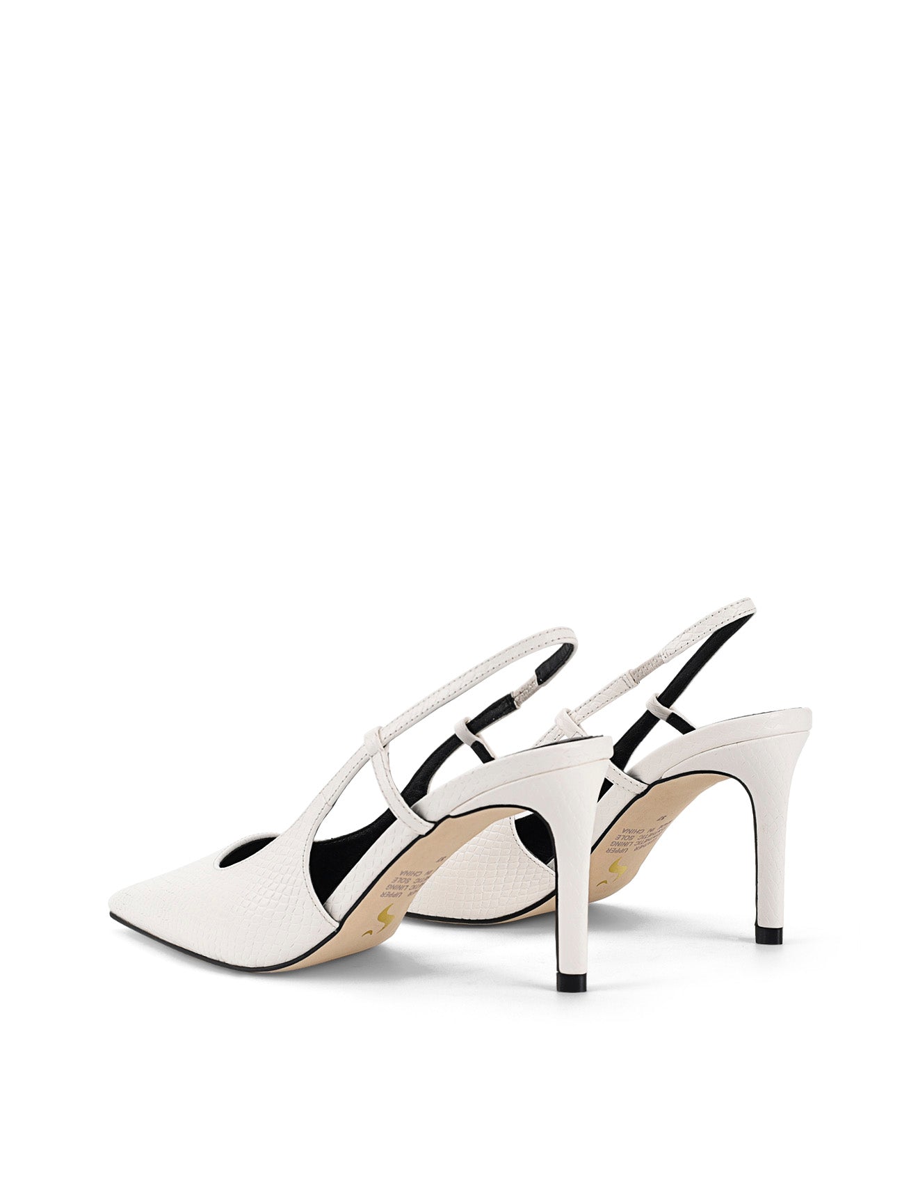 Women's brown snake embossed leather stiletto heel with slingback and pointed toe