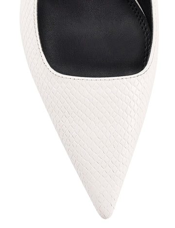Women's brown snake embossed leather stiletto heel with slingback and pointed toe