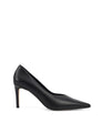 Women's black leather stiletto pumps with pointed toe and v cut throat