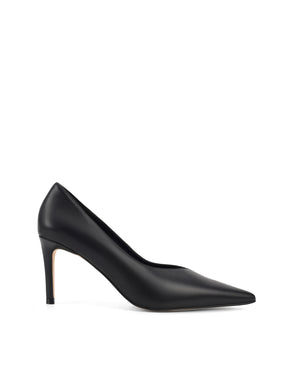 Women's black leather stiletto pumps with pointed toe and v cut throat