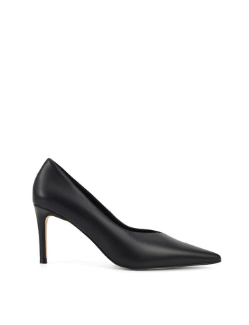 Women's black leather stiletto pumps with pointed toe and v cut throat
