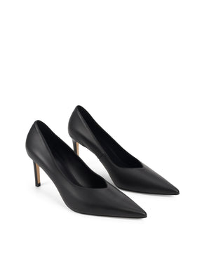 Women's black leather stiletto pumps with pointed toe and v cut throat