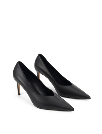 Women's black leather stiletto pumps with pointed toe and v cut throat