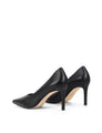 Women's black leather stiletto pumps with pointed toe and v cut throat