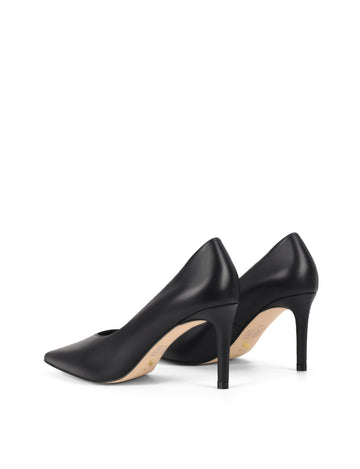 Women's black leather stiletto pumps with pointed toe and v cut throat