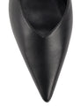 Women's black leather stiletto pumps with pointed toe and v cut throat