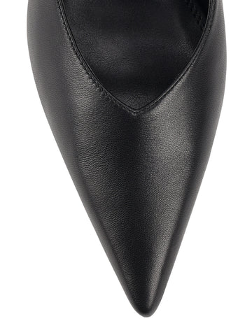 Women's black leather stiletto pumps with pointed toe and v cut throat