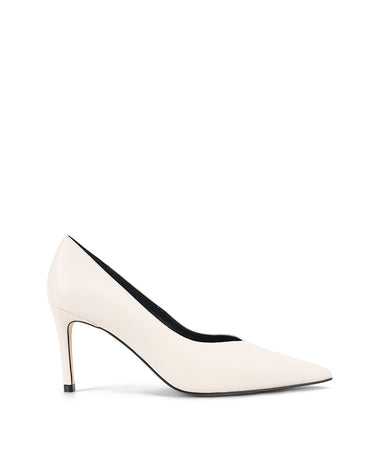 Women's chalk white leather stiletto pumps with pointed toe and v cut throat