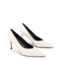 Women's chalk white leather stiletto pumps with pointed toe and v cut throat